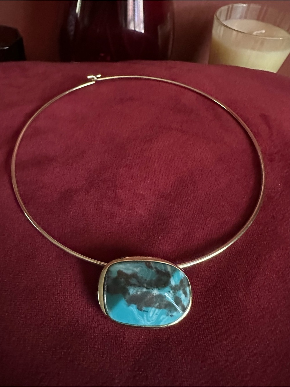 Vin Gold ton Choker Necklace with Turquoise Blue Stone Pendant - Women's Jewelry